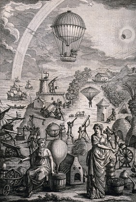 Men and women with telescopes, gyroscopes, a balloon, battle ships, and other forms of technology; representing the benefits of philosophy and science. Engraving by E. Voysard after C.L. Desrais.