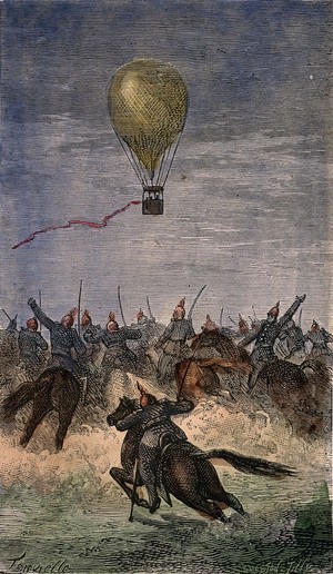 view Men on horseback with swords are chasing a balloon in the sky. Coloured wood engraving by Smeeton after Forrvielle.