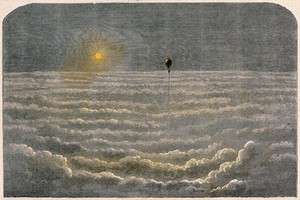 view A hydrogen balloon flying high above the clouds with the sun shining on it. Coloured wood engraving.