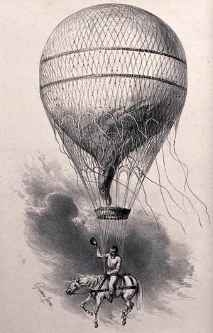 view A man on horseback suspended from a hot-air balloon. Lithograph after Gustave Janet.