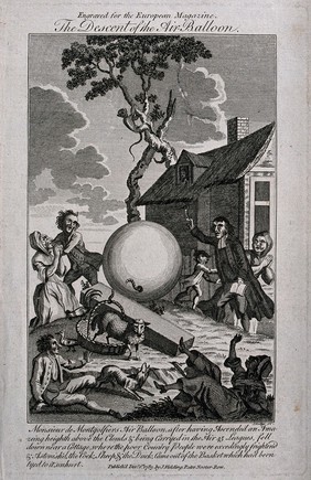 A balloon has descended on a village, much to the consternation of the inhabitants: a sheep is climbing out of the basket. Engraving by J. Lodge.