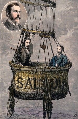 view Captain Temple and Walter Powell M.P. in the basket of the balloon 'Saladin', 1881. Coloured wood engraving.