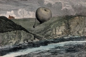 view The balloon 'Saladin' is blown off course out to sea from Bridport. Coloured wood engraving by W. Wyllie after Captain Templer.