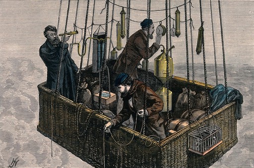 Three men are in the basket of a hot-air balloon, with ropes and various instruments. Coloured wood engraving.