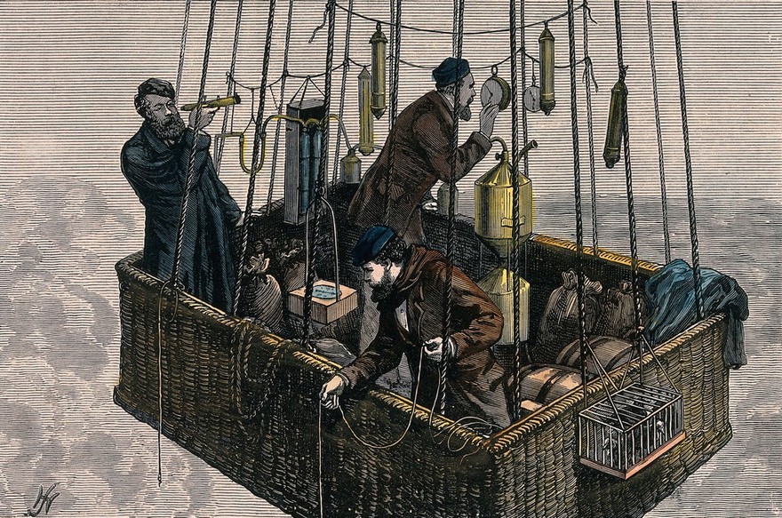 The ascent of the balloon 'Zenith' above the clouds with its three occupants (Crocé-Spinelli, Tissandier and Sivel) conducting operations, 1875. Coloured wood engraving.