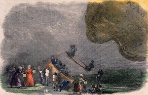 view A balloon piloted by Charles Green crash-lands on Pirbright Common, Surrey, in 1852. Coloured wood engraving.