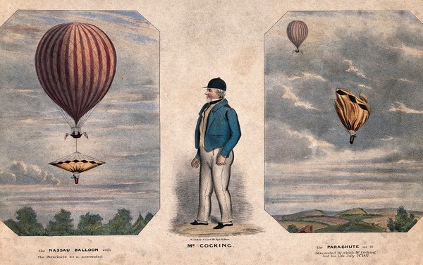 A balloon ascending carrying Robert Cocking with his parachute; Robert Cocking; the parachute descending and about to crash at Lee in London. Coloured lithograph.