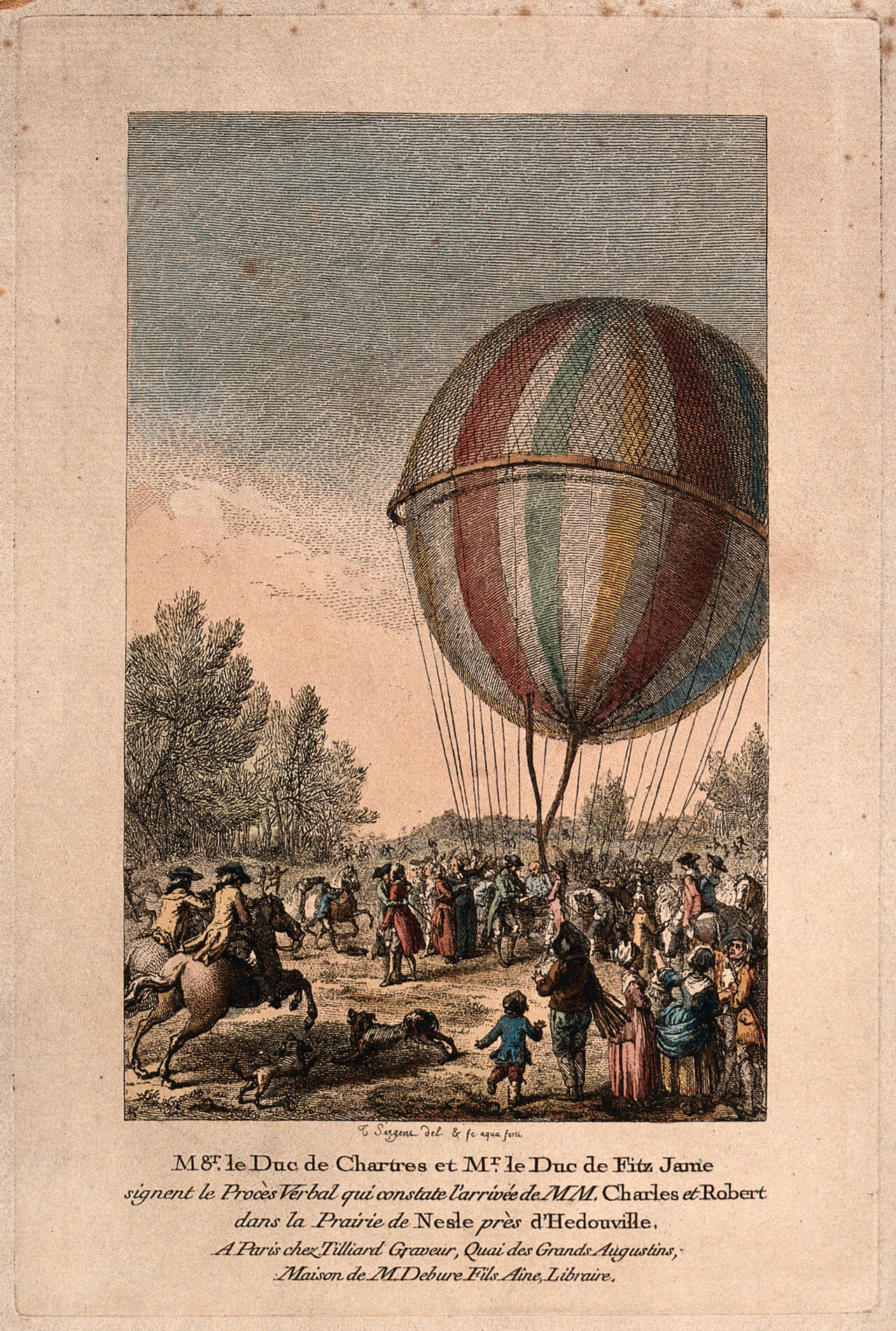 A hydrogen balloon has landed at Nesles-la-Vallée in 1783: mounted men ride to greet the balloonists, others gather to watch. Coloured etching by T. Sergent., 1780-1789, by Antoine Louis François Sergent dit Sergent-Marceau