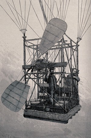 view The basket of a balloon with two men inside, and an engine with propellors. Wood engraving by E.A Tilly.