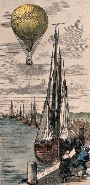 view A balloon is drifting away from the land towards the sea. Coloured wood engraving.