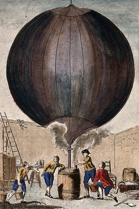 Men filling a balloon with hydrogen. Coloured etching.