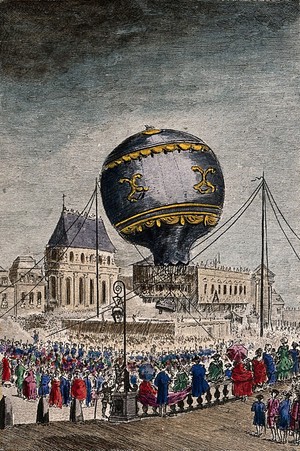 view Crowds of people are watching in the streets as a balloon leaves the ground. Coloured etching after Char. de Lovinier.