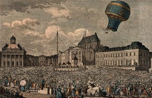 view A balloon ascent by the Montgolfier brothers at Versailles in 1783 watched by a huge crowd. Coloured etching.