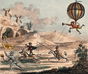 view Commedia dell'arte characters are raising a balloon by having it pulled by horses. Coloured etching, ca. 1785.