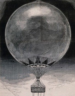 view A large hot-air balloon with a basket carrying many people. Wood engraving.