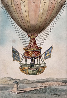 James Sadler setting off on the proposed first crossing of the Irish Sea from Dublin by balloon, 1812. Watercolour.