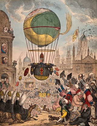 William Wyndham Grenville, Baron Grenville, dispensing Roman Catholic tracts from a balloon to the people of Oxford; representing his installation as Chancellor of Oxford University. Coloured etching by J. Gillray, 1810.