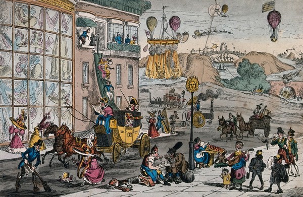 A futuristic vision: technology is over-sophisticated, and the masses devote themselves to intellectual pursuits, while the basic needs of society are neglected. Coloured etching by W. Heath, 1828, after F.A.