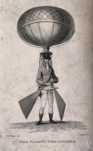 view A man with a balloon and rudders strapped to him. Engraving by P. Rothwell after De Bruyn.