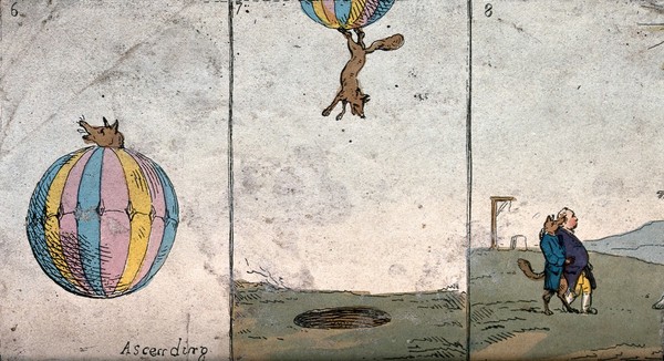 A fox ascends in a balloon, descends into a pit and walks off arm in arm with Lord North; representing Charles James Fox's coalition with Lord North under pressure from William Pitt the younger. Coloured etching, 1783.