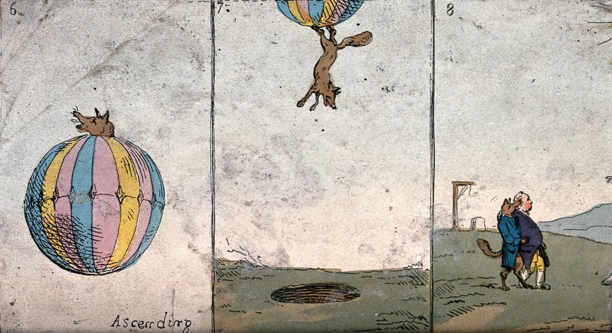 A fox ascends in a balloon, descends into a pit and walks off arm in arm with Lord North; representing Charles James Fox's coalition with Lord North under pressure from William Pitt the younger. Coloured etching, 1783.