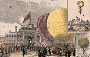 view Crowds of people gathered in a square, with hot-air balloons on the ground. Coloured wood engraving after Corbould, 1884.