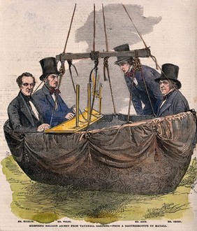 Four men in the basket of a balloon with some equipment. Wood engraving by Smyth after a photograph by Mayall.