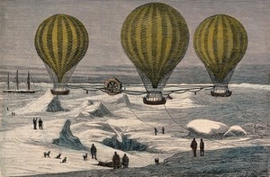 view Three balloons travel over a polar landscape: proposed method of reaching the North Pole by J.P. Cheyne. Coloured wood engraving by C. Roberts, 1877.