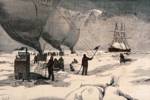 view Men and dogs in an arctic landscape with three hot-air balloons: proposed method of reaching the North Pole by J.P. Cheyne. Coloured wood engraving by C. Roberts.