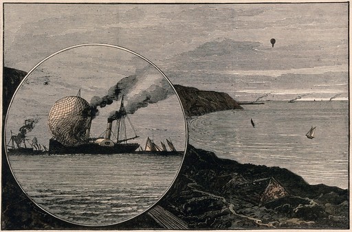 A hot-air balloon sails over the headland and is rescued by a passing ship as it collapses. Coloured wood engraving.