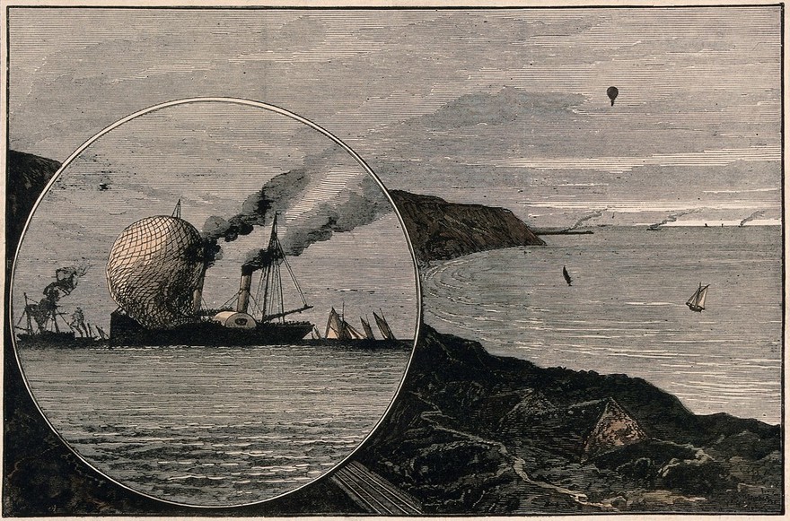 A balloon sails over the headland and is rescued by a passing ship as it collapses. Coloured wood engraving.