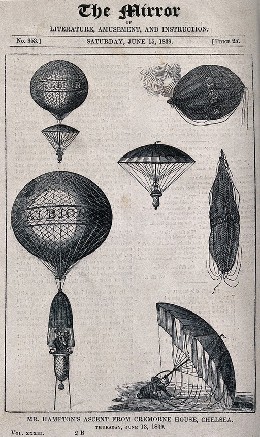 A hot-air balloon in ascent, in the air, and on the ground. Wood engraving.