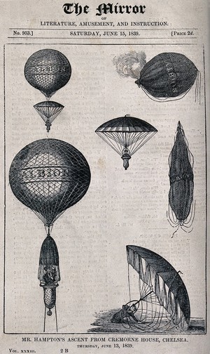 view John Hampton ascending in the balloon 'Albion' and descending by parachute in Cremorne Gardens, London. Wood engraving, 1839.