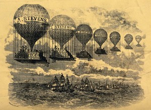 view A line of hot-air balloons loaded with boxes advertise "A. Stevens" as they travel over a line of sailing ships. Wood engraving.