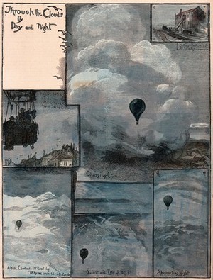 view The view from a balloon on a flight over southern England in 1881. Coloured wood engraving after W.B. Murray, 1881.