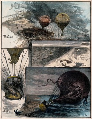 view A balloon race  from London to Hampshire, 1880. Coloured wood engraving, 1880.