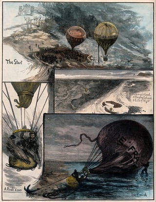 A balloon race  from London to Hampshire, 1880. Coloured wood engraving, 1880.