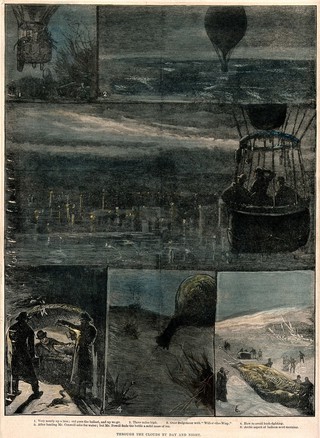 Men travelling in hot-air balloons by night. Coloured wood engraving.
