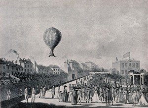 view Honourable Artillery Company ground, London: people gather in the streets and on roof tops to watch the Lunardi hydrogen balloon going over their heads in the sky, 1784. Process print.