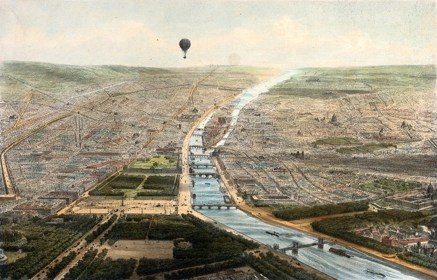 Paris seen from a balloon. Coloured lithograph, 1846, by J. Arnout.