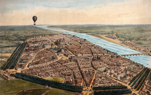 A hot-air balloon travels over a landscape giving an aerial view. Coloured lithograph by Jules Arnout after himself.