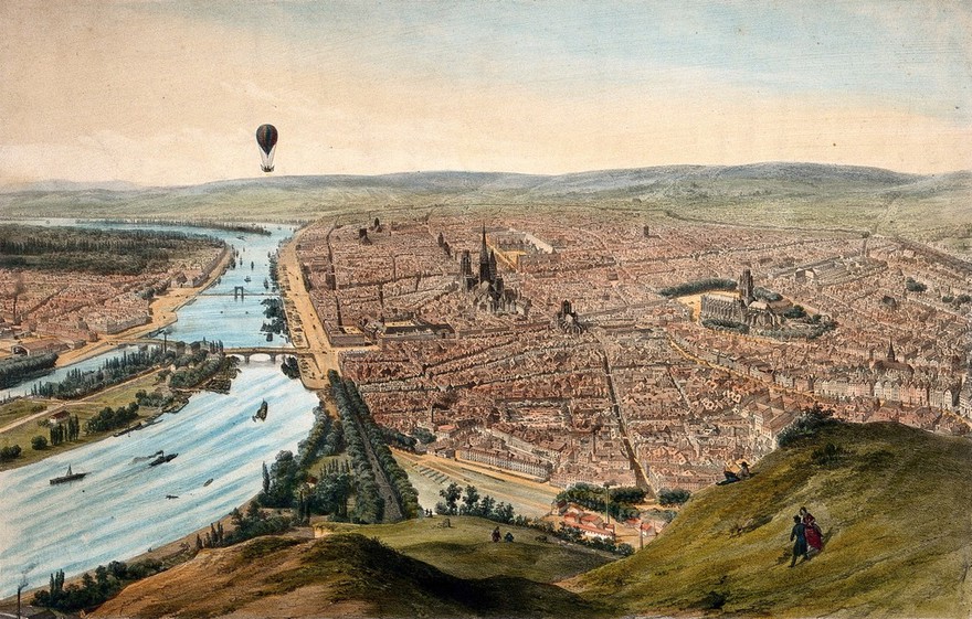 Rouen seen from a balloon. Coloured lithograph by J. Arnout after himself.