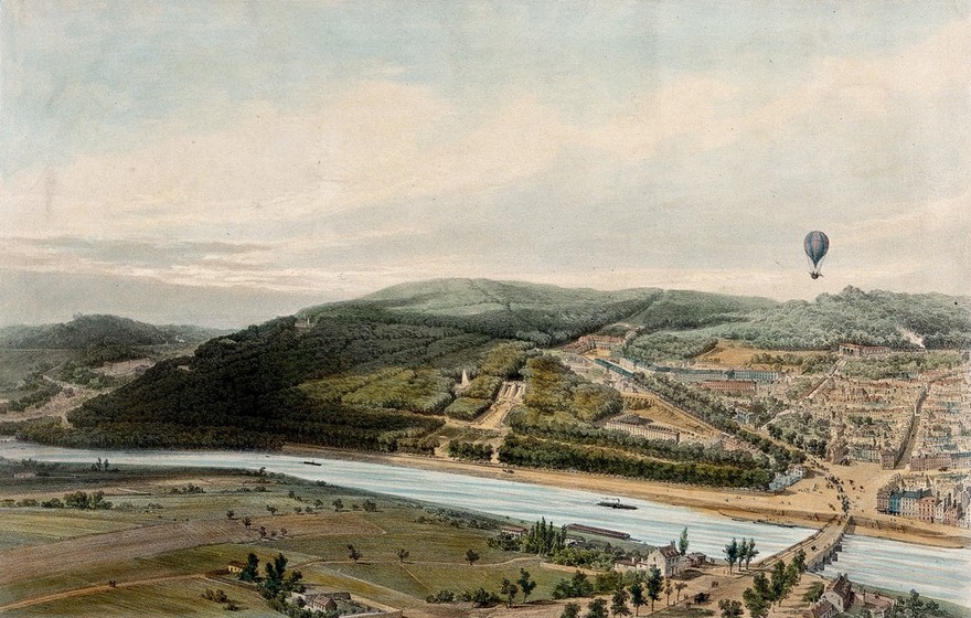 Saint-Cloud, Boulogne, and the Pont de Saint-Cloud over the Seine, seen from a balloon. Coloured lithograph by Jules Arnout after himself, 1846.