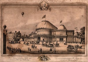 view The Great Industrial Exhibition, Dublin, 1853: a hot-air balloon flies above. Lithograph.