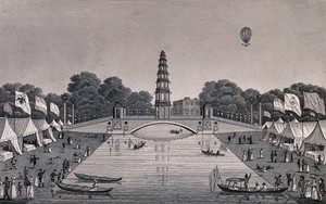 view St. James's Park: people boating on the lake which has marquees with flags flying on its banks, a hot-air balloon flies overhead. Engraving, 1814.