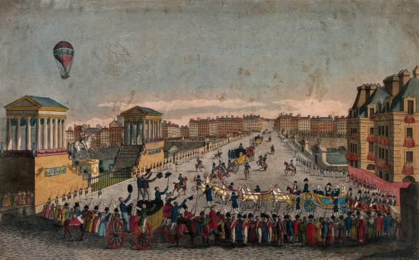 A procession of carriages watched by crowds lining the streets, with soldiers on parade: a hot-air balloon flies overhead. Coloured engraving, 1814.