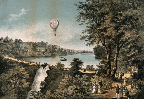 Roundhay Park, Leeds: the balloon 'Roundhay' flies above the park; a paddle-steamer takes passengers across the lake; in the foreground, a cascade. Coloured lithograph.