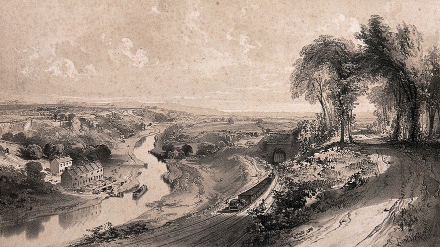 Great Western Railway next to the River Avon at Fox's Wood, Bristol. Tinted lithograph by J.C. Bourne, 1846.