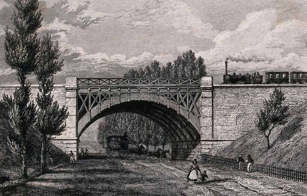 A steam train is travelling across a viaduct at Nanterre with a road, a carriage and horses underneath. Engraving by Lemaitre after C. Rauch.