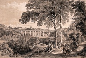 view A viaduct from a country lane with people resting and travelling. Lithograph by G. Hawkins after G. Pickering.